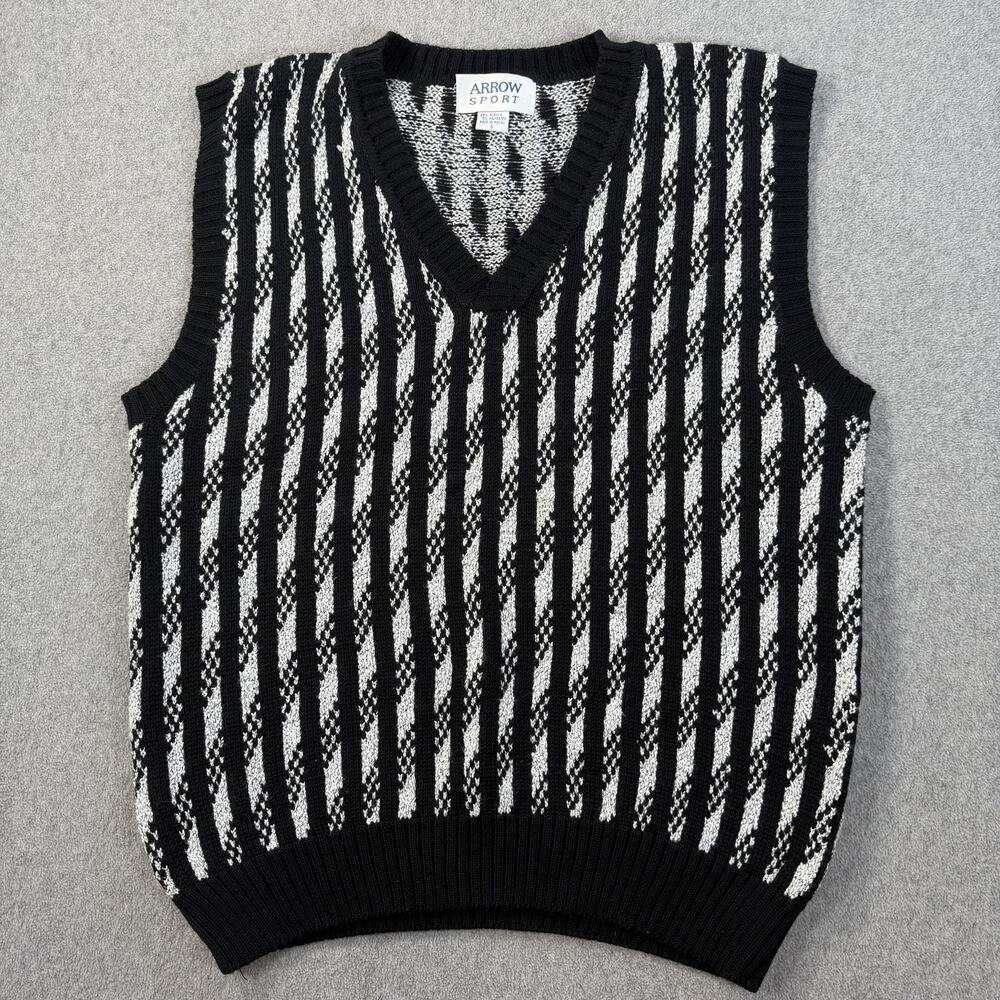 Arrow Sport Men's Large L V-Neck Sweater Vest Black White Striped Knit Vintage